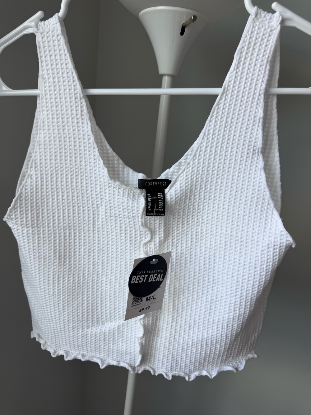 Forever 21 White Textured Waffle Crop Tank
